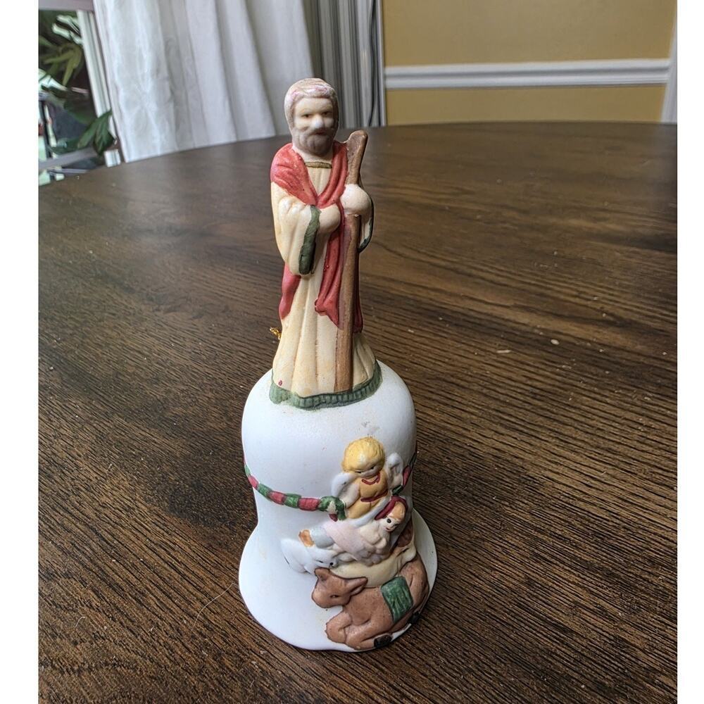Vintage Nativity Bell Figurine – Shepherd with Staff & Angel Scene – 5.5" Tall